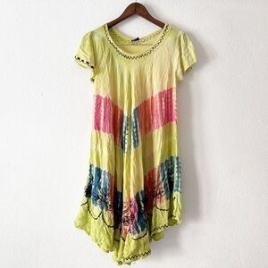 Fashion Force Lime Green Gauzy Tie Dye Knee Length Dress Plus Size Boho Vintage